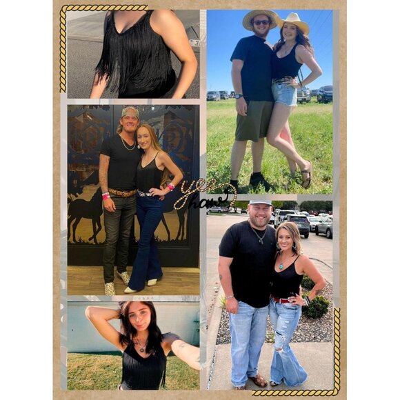 Women's Black Fringe Tank Top Western Festival Clothing Cowgirl V Neck Outfits - Picture 6 of 6